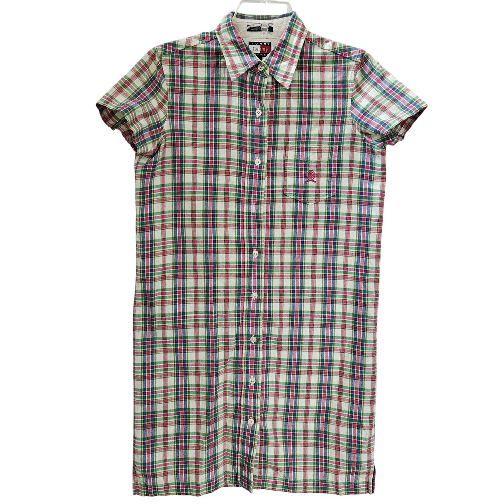 Vntg Tommy Hilfiger Dress Women 6 Rainbow Plaid Y2K Short Sleeve Button Academia